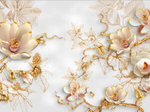 Фотошпалери 3D Золоті квіти на білому тлі.