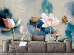 Фотошпалери 3D Рожеві з золотом лотоси