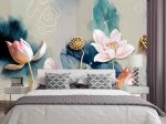Фотошпалери 3D Рожеві з золотом лотоси