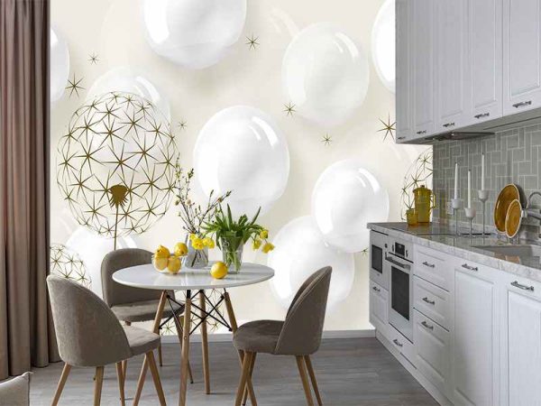 3D Фотошпалери Шари та Кульбаби, Фотошпалери квіти, Фотошпалери білий 3D Фотошпалери Шари та Кульбаби