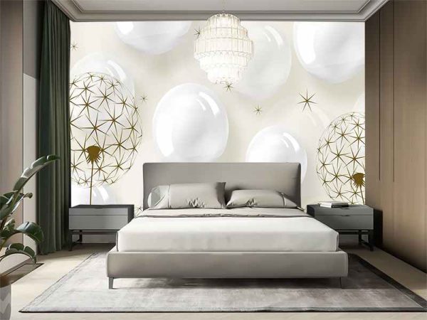 3D Фотошпалери Шари та Кульбаби, Фотошпалери квіти, Фотошпалери білий 3D Фотошпалери Шари та Кульбаби