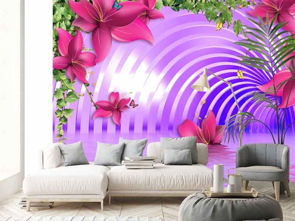 3D Фотошпалери Фіолетовий тунель з квітами