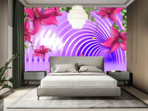 3D Фотошпалери Фіолетовий тунель з квітами