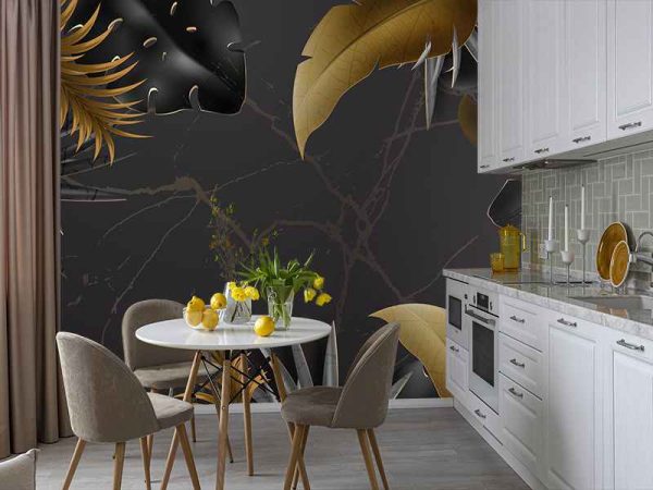 Фотошпалери Листя на чорному мармурі, Фотошпалери чорний, Фотошпалери мармур, Фотошпалери листя Фотошпалери Листя на чорному мармурі