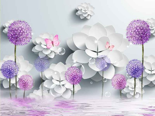 3D Фотошпалери Фіолетові Кульбаби та квіти, Фотошпалери квіти, Фотошпалери білий, Фотошпалери сереньовий 3D Фотошпалери Фіолетові Кульбаби та квіти