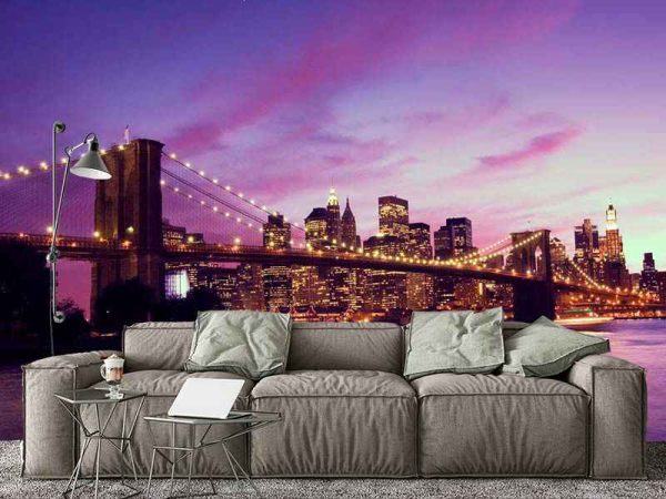 Фотошпалери Рожевий захід у Нью-Йорку на фоні Бруклинского мосту