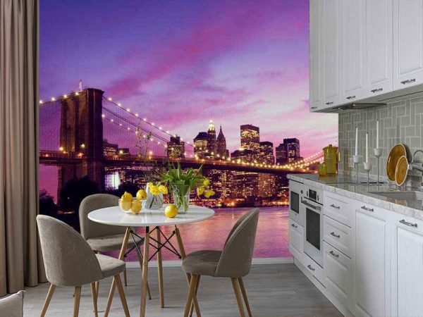 Фотошпалери Рожевий захід у Нью-Йорку на фоні Бруклинского мосту