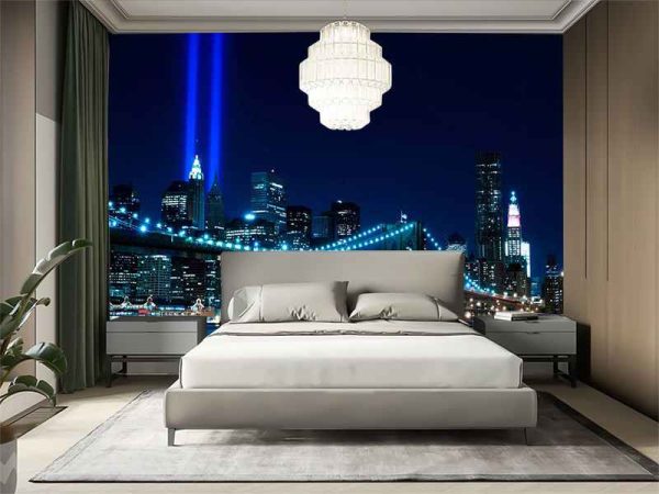 Фотошпалери Бруклінський міст та хмарочоси в яскраво-синіх вогнях