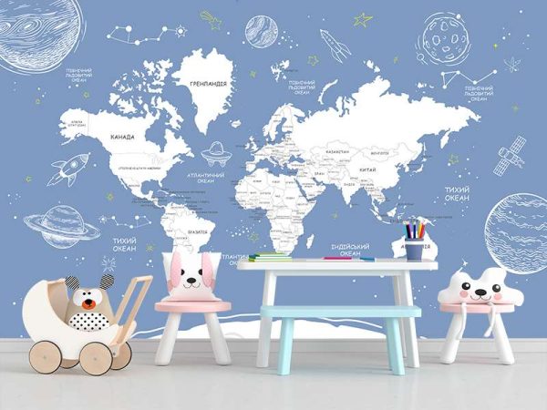 Фотошпалери Дитяча мапа світу Космічна біла