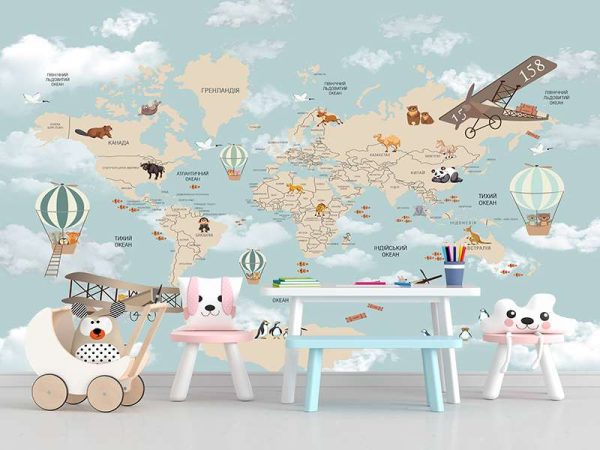 Фотошпалери Дитяча мапа світу з літаками і кулями