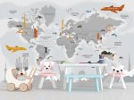 Фотошпалери Дитяча мапа світу з сірими пам'ятками архитектури за горами