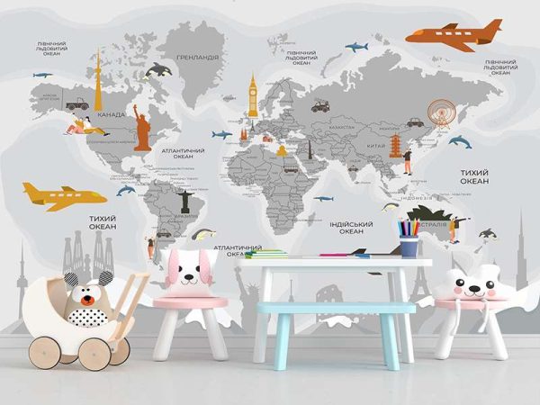 Фотошпалери Дитяча мапа світу з сірими пам'ятками архитектури за горами