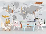 Фотошпалери Дитяча мапа світу з кольоровими пам'ятками архитектури за горами