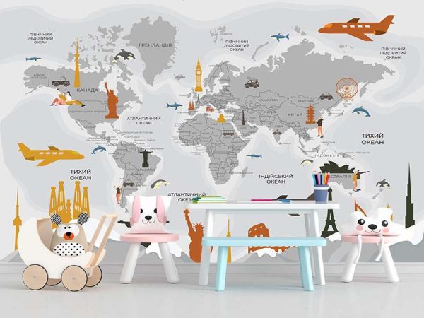 Фотошпалери Дитяча мапа світу з кольоровими пам'ятками архитектури за горами