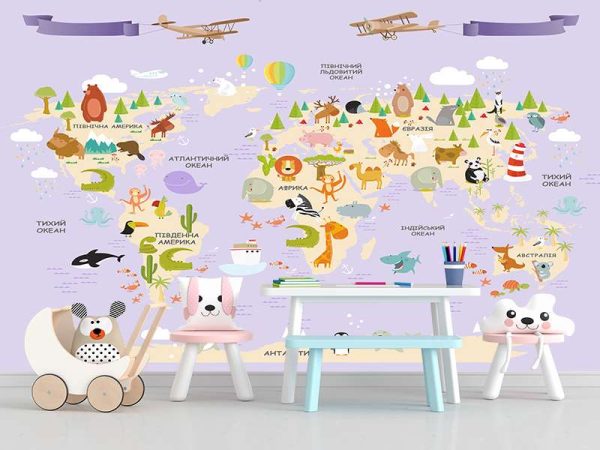 Фотошпалери Дитяча мапа світу зі маленькими зверями