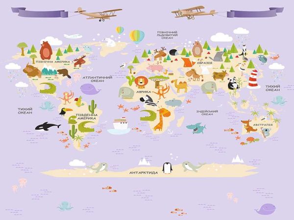 Фотошпалери Дитяча мапа світу зі маленькими зверями