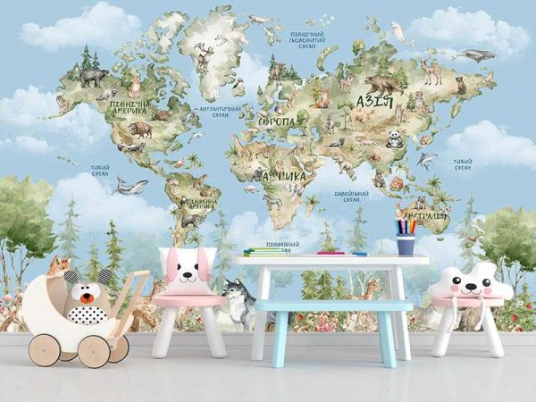Фотошпалери Дитяча мапа світу Лісова з написами