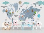 Фотошпалери Дитяча мапа світу с хмарами та літаком