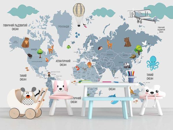 Фотошпалери Дитяча мапа світу с хмарами та літаком