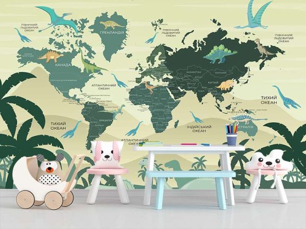 Фотошпалери Дитяча мапа світу з Динозаврами жовта