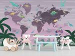 Фотошпалери Дитяча мапа світу з Динозаврами пурпурна
