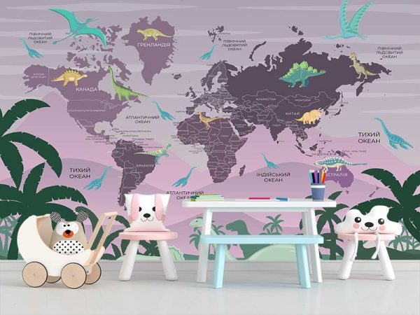 Фотошпалери Дитяча мапа світу з Динозаврами пурпурна