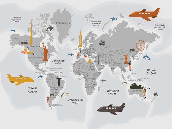 Фотошпалери Дитяча мапа світу з сірими пам'ятками архитектури за горами