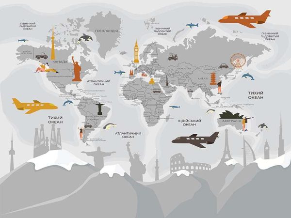 Фотошпалери Дитяча мапа світу з кольоровими пам'ятками архитектури за горами