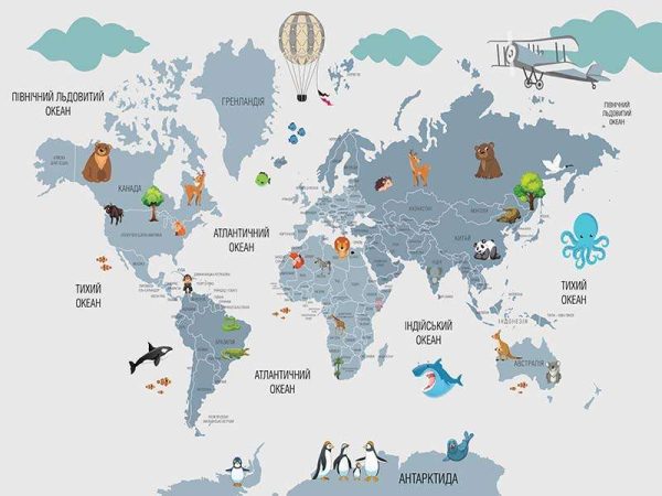 Фотошпалери Дитяча мапа світу с хмарами та літаком