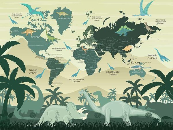 Фотошпалери Дитяча мапа світу з Динозаврами жовта