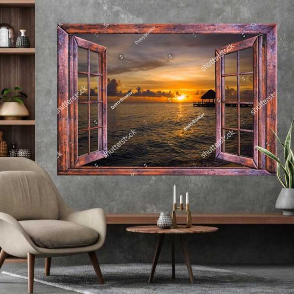 Наліпка інтер'єрна Вікно. Закат з видом на пірс