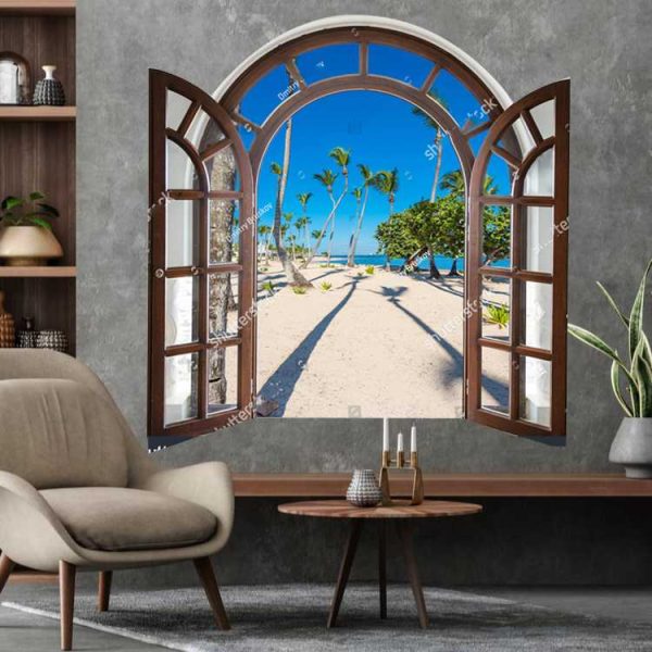 Наліпка інтер'єрна Вікно. Вид на Пальми та океан