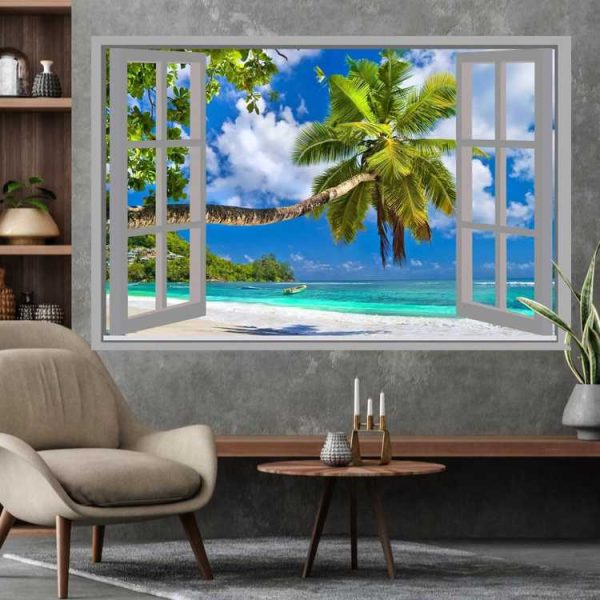 Наліпка інтер'єрна Вікно. Вид на пальму та смарагдовий океан