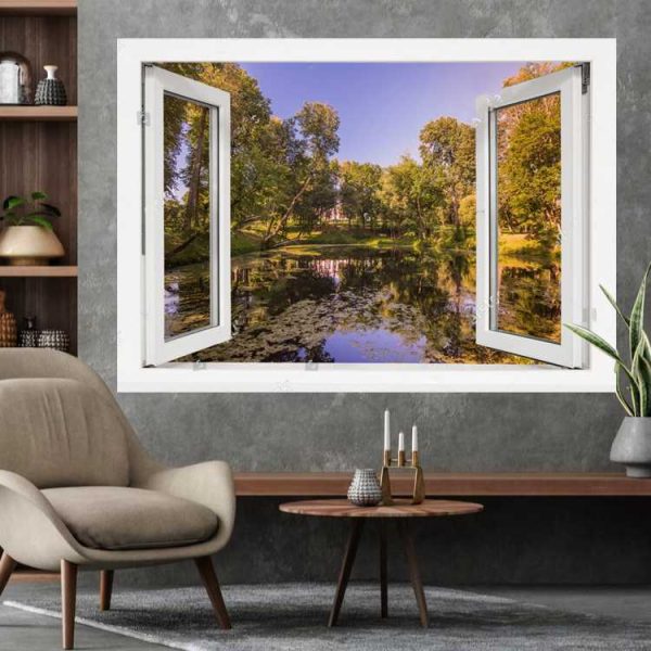 Наліпка інтер'єрна Вікно. Вид на озеро посеред лісу
