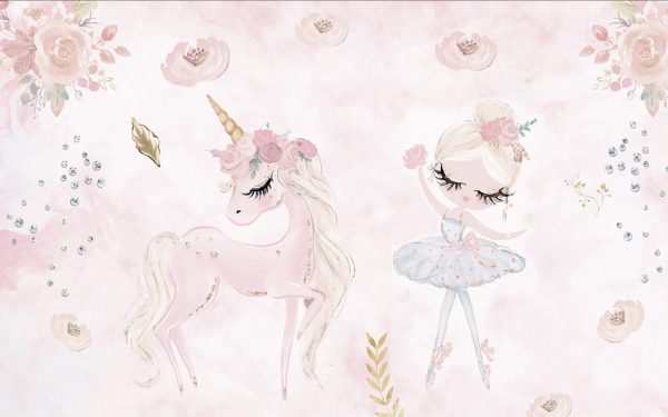 Фотошпалери в дитячу Акварельна балерина та рожевий єдиноріг