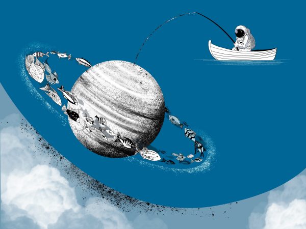 Фотошпалери в дитячу Синій Космос. Космонавт на Рибалці