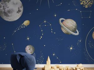 Фотошпалери в дитячу Планети серед Зірок Сині