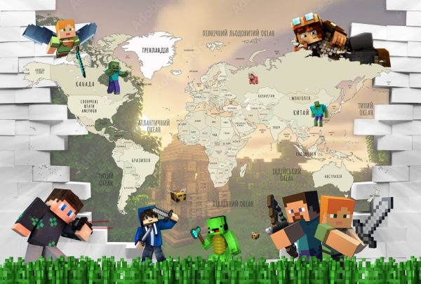 Фотошпалери Дитяча Мапа Світу Майнкрафт з хатиною