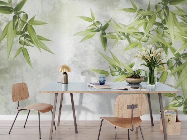 Фотошпалери Зелене Листя на Сірому Полотні